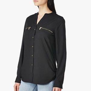 Calvin Klein Modern Essential Zip-Front Button Blouse - Long Sleeve Workwear
